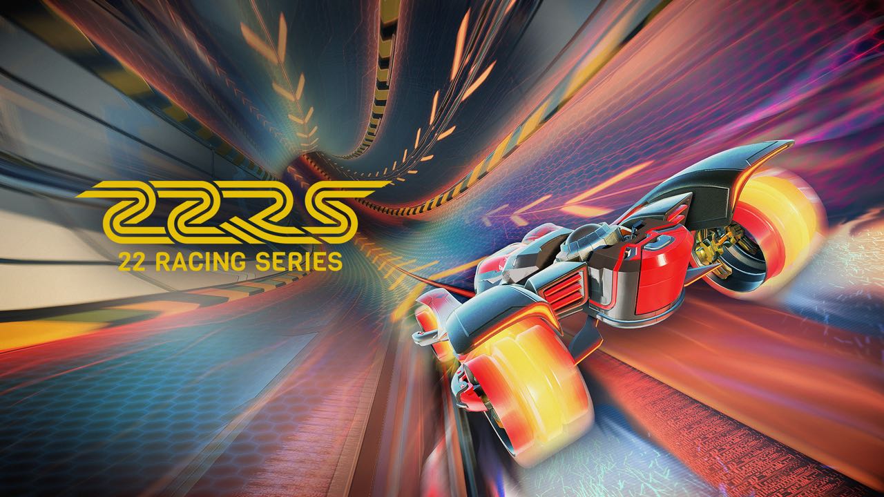 22 Racing Series key art: a futuristic race car powering through a banked tunnel