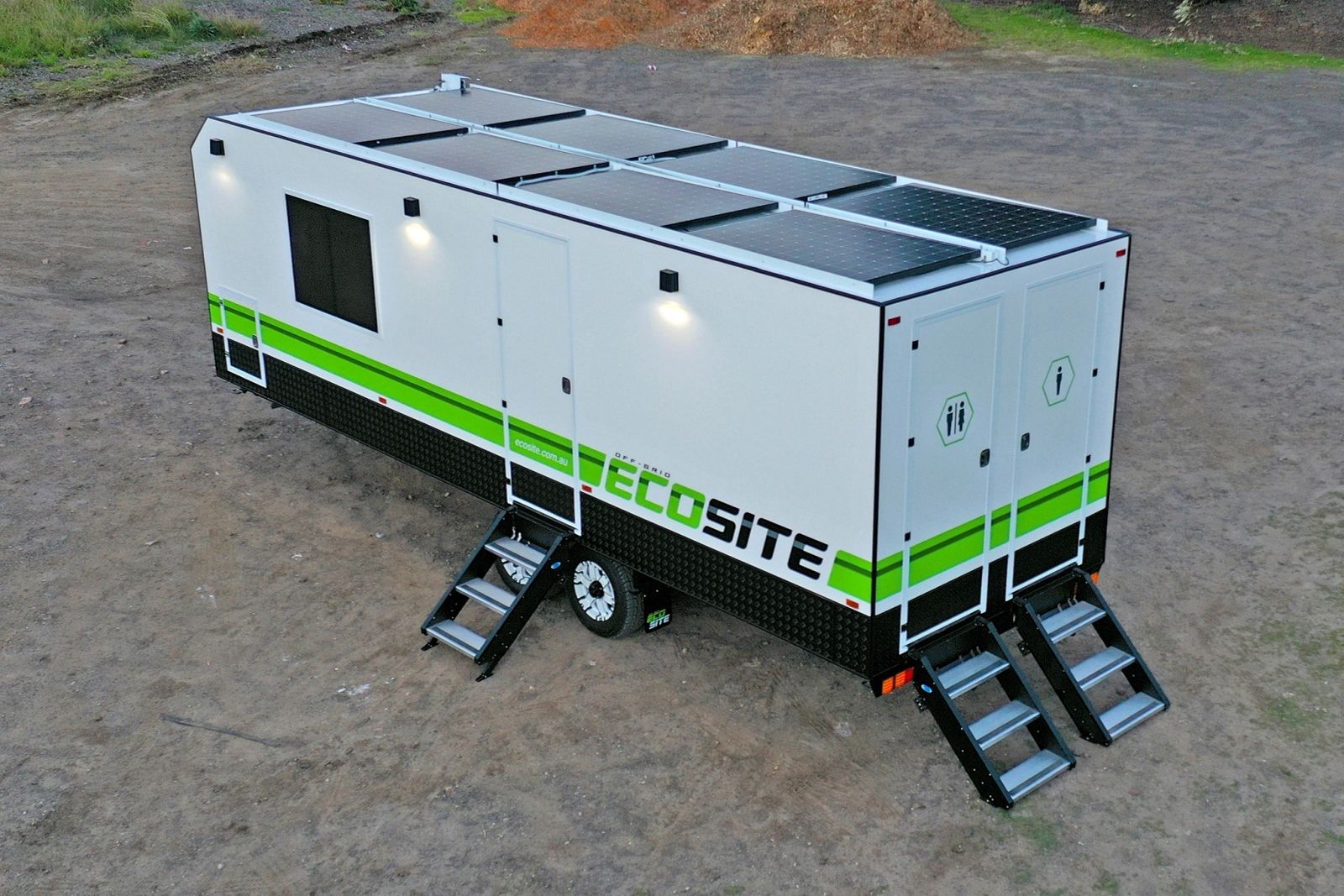 EcoSite off-grid unit with roof solar and deployed stairs