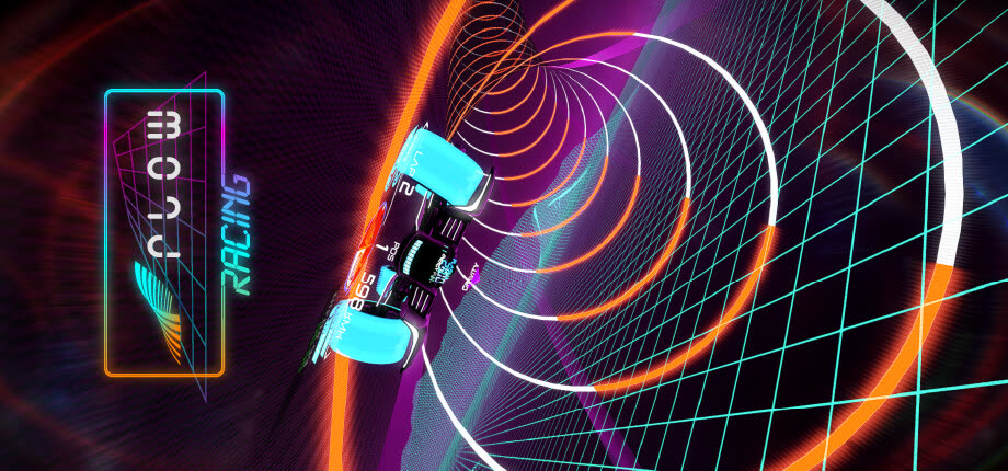 Flow Racing key art: a neon racer speeding through a wireframe tube track