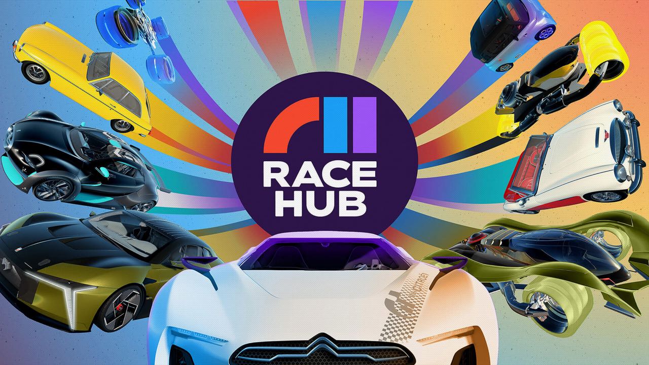 Race Hub key art: the logo ringed by cars, bikes and futuristic racers