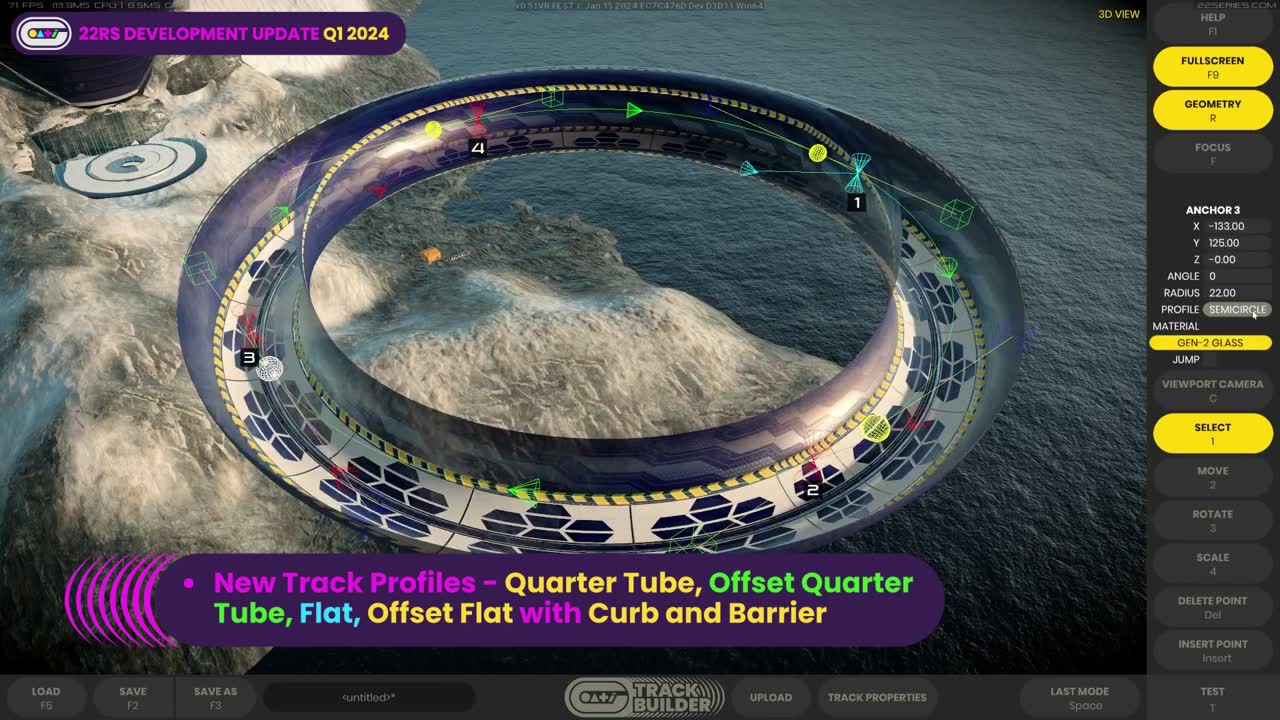 The 22 Racing Series track builder: a looping track over the sea that changes from tube to open road, with numbered control points and the selected anchor's properties panel