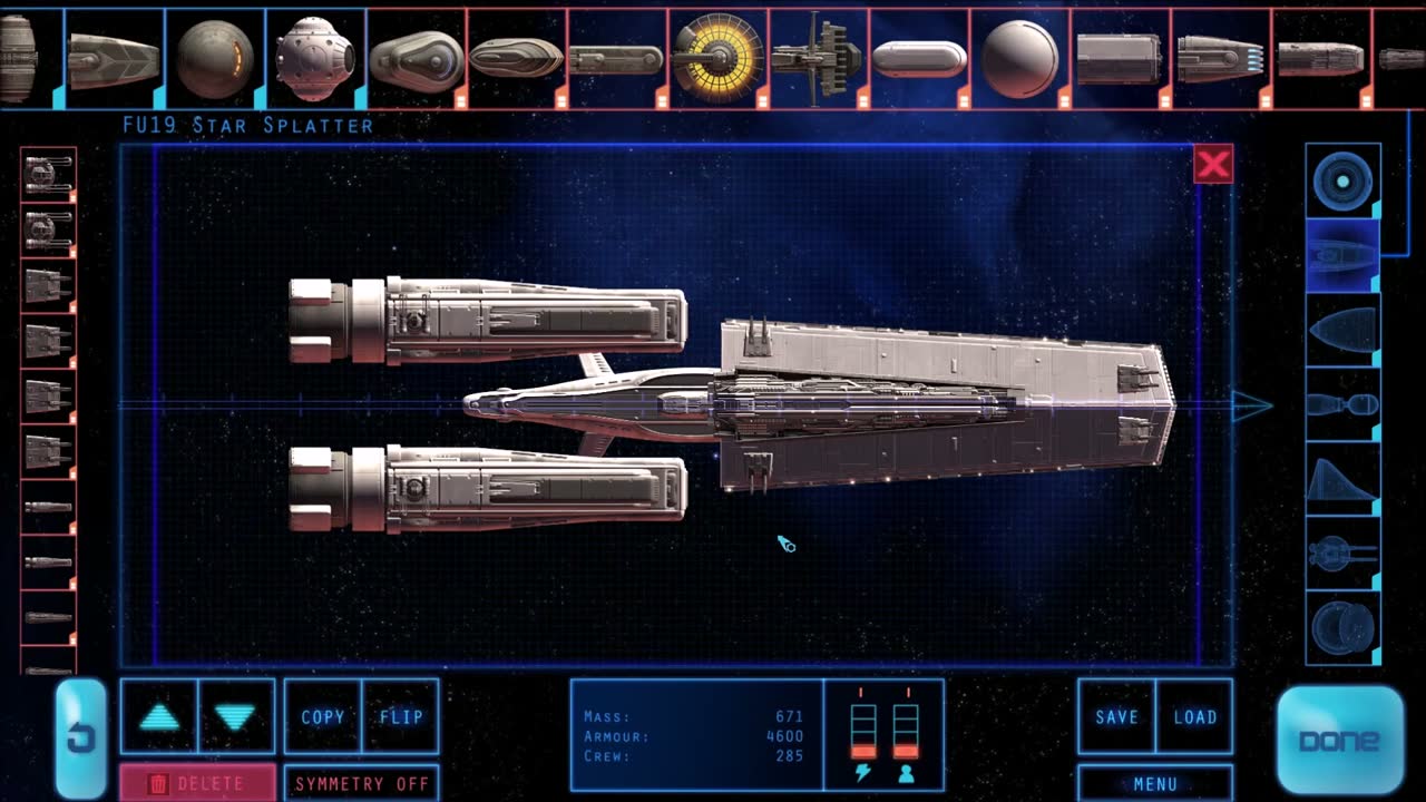 Defect's shipyard: a finished battleship with twin engine pods on the construction grid, surrounded by the component lists and mass, armour and crew readouts